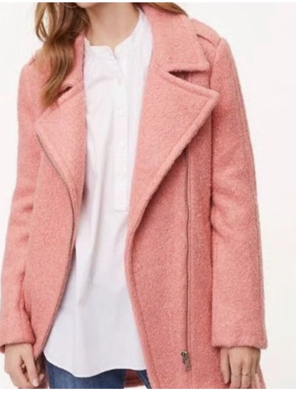 NWT LOFT Women's Pink Moto Coat Asymmetrical Zip Collared Pockets Mid-Length M